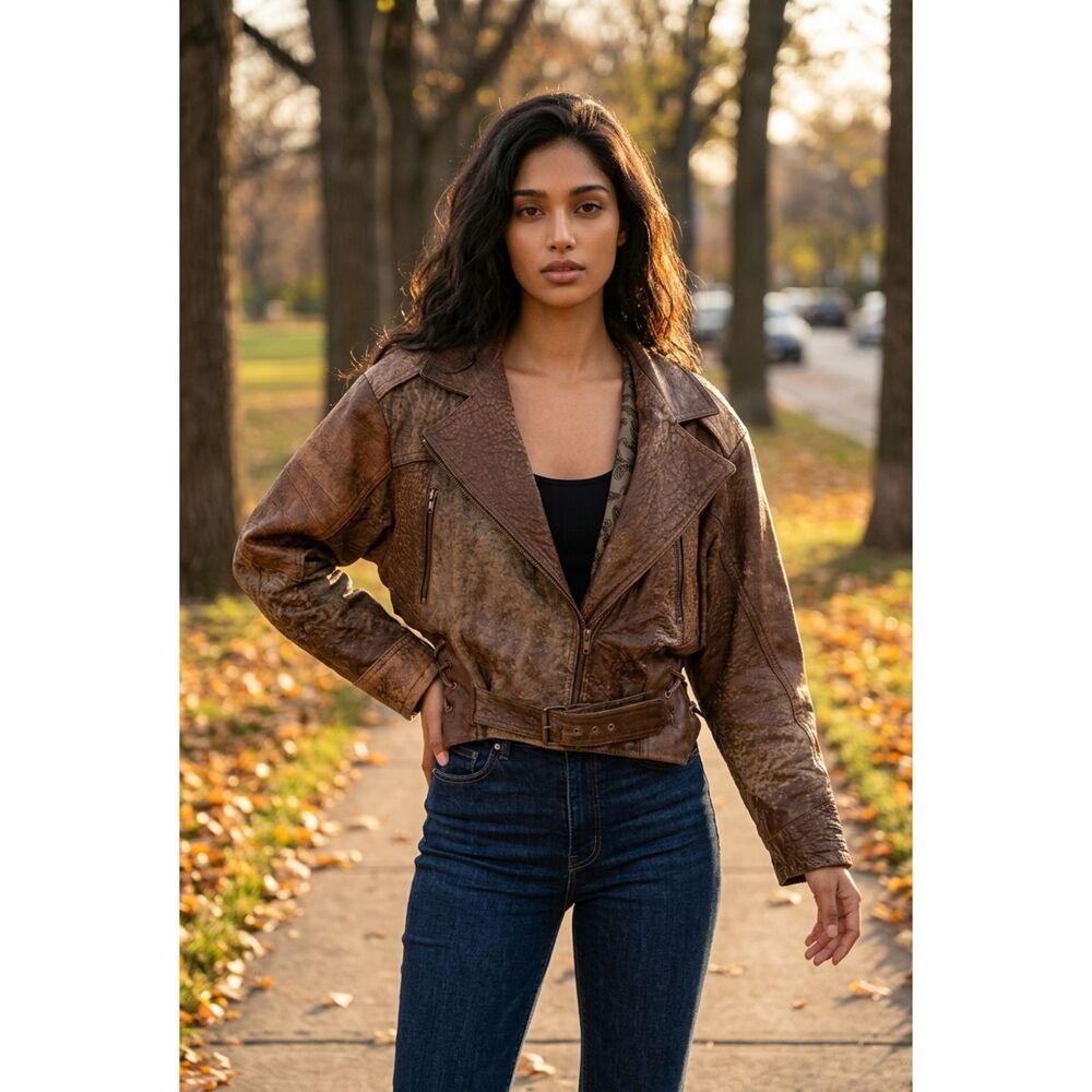 Women's Brown Leather Cropped Moto Jacket with Belt  Istanbul Turkey 1991 Medium